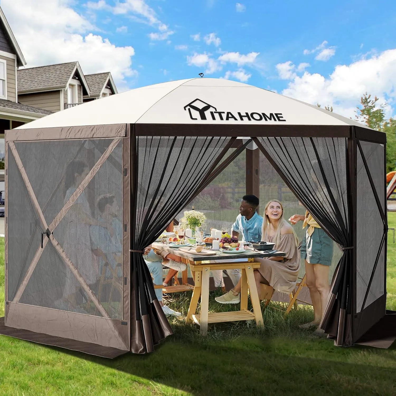 YITAHOME 12x12ft Camping Gazebo, Portable Pop Up Canopy Outdoor Screen Tent 6 Sided with Mesh Windows and Carry Bag for Camping, Picnic, Backyard Party Outside Activities, Brown