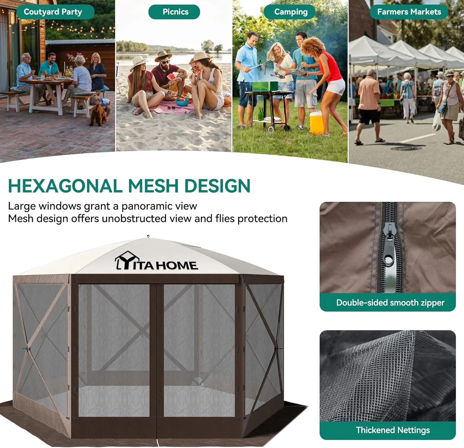YITAHOME 12x12ft Camping Gazebo, Portable Pop Up Canopy Outdoor Screen Tent 6 Sided with Mesh Windows and Carry Bag for Camping, Picnic, Backyard Party Outside Activities, Brown