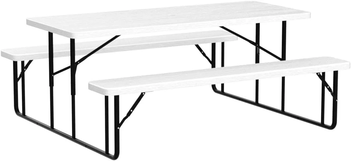 YITAHOME 6FT Large Folding Picnic Table w/Easy Assembly Steel Frame & Wood Like Tabletop, All Weather Folding Picnic Tables with Benches Ideal for Yard Patio Lawn Party, White