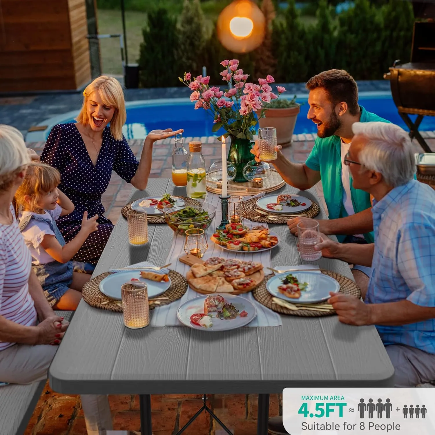 YITAHOME 6FT Large Folding Picnic Table w/Easy Assembly Steel Frame & Wood Like Tabletop, All Weather Folding Picnic Tables with Benches Ideal for Yard Patio Lawn Party, White