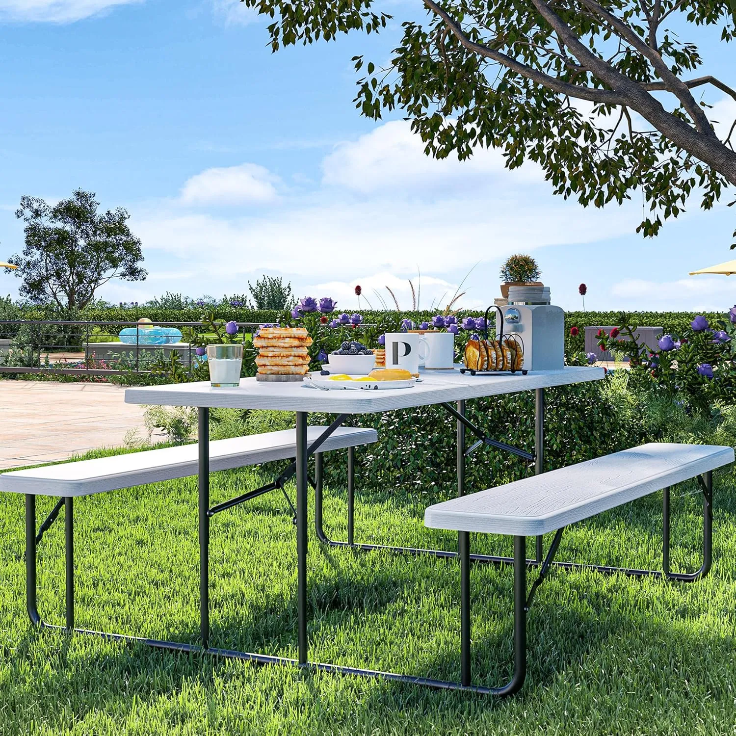 YITAHOME 6FT Large Folding Picnic Table w/Easy Assembly Steel Frame & Wood Like Tabletop, All Weather Folding Picnic Tables with Benches Ideal for Yard Patio Lawn Party, White