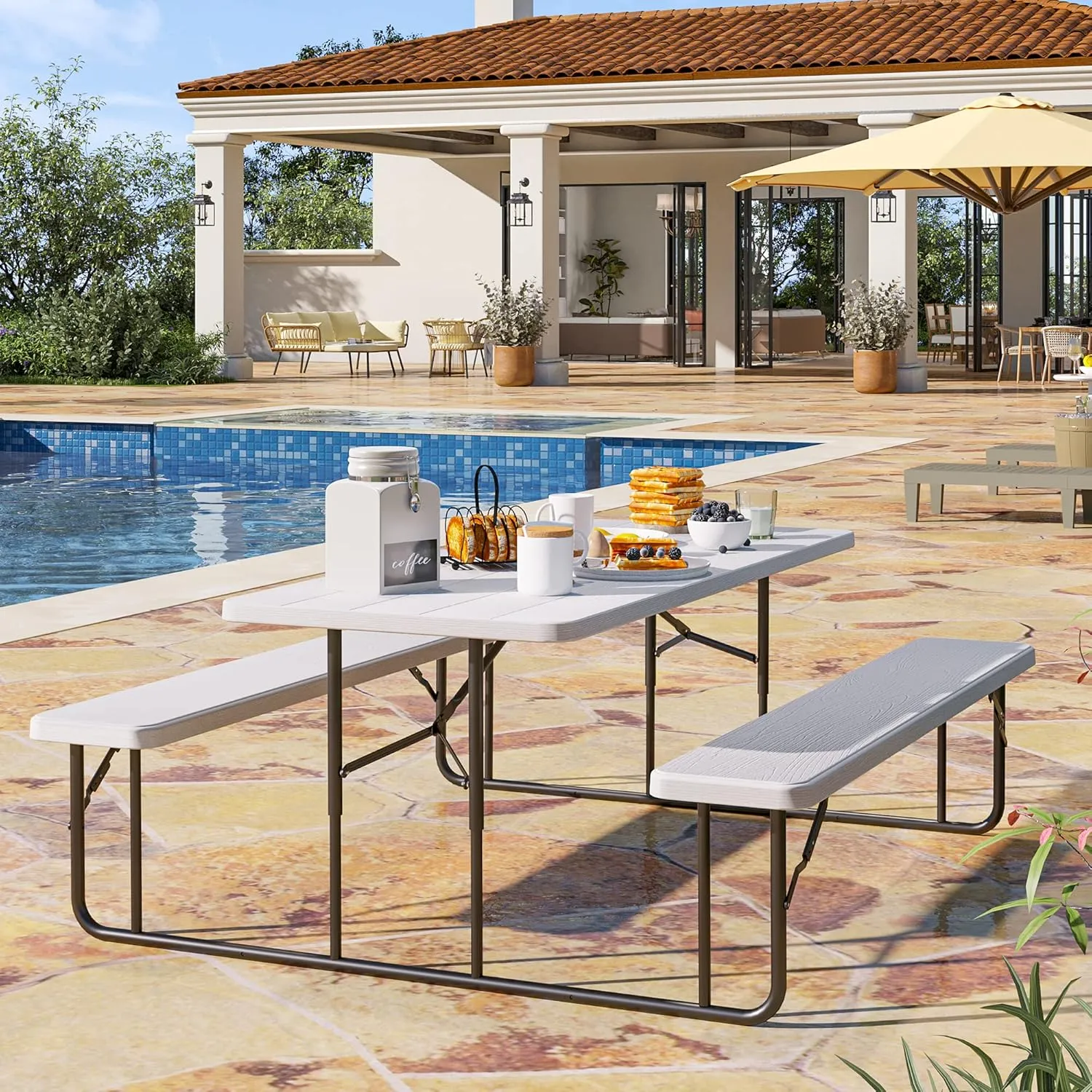 YITAHOME 6FT Large Folding Picnic Table w/Easy Assembly Steel Frame & Wood Like Tabletop, All Weather Folding Picnic Tables with Benches Ideal for Yard Patio Lawn Party, White