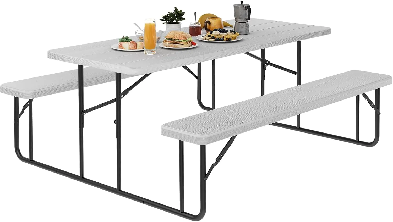 YITAHOME 6FT Large Folding Picnic Table w/Easy Assembly Steel Frame & Wood Like Tabletop, All Weather Folding Picnic Tables with Benches Ideal for Yard Patio Lawn Party, White