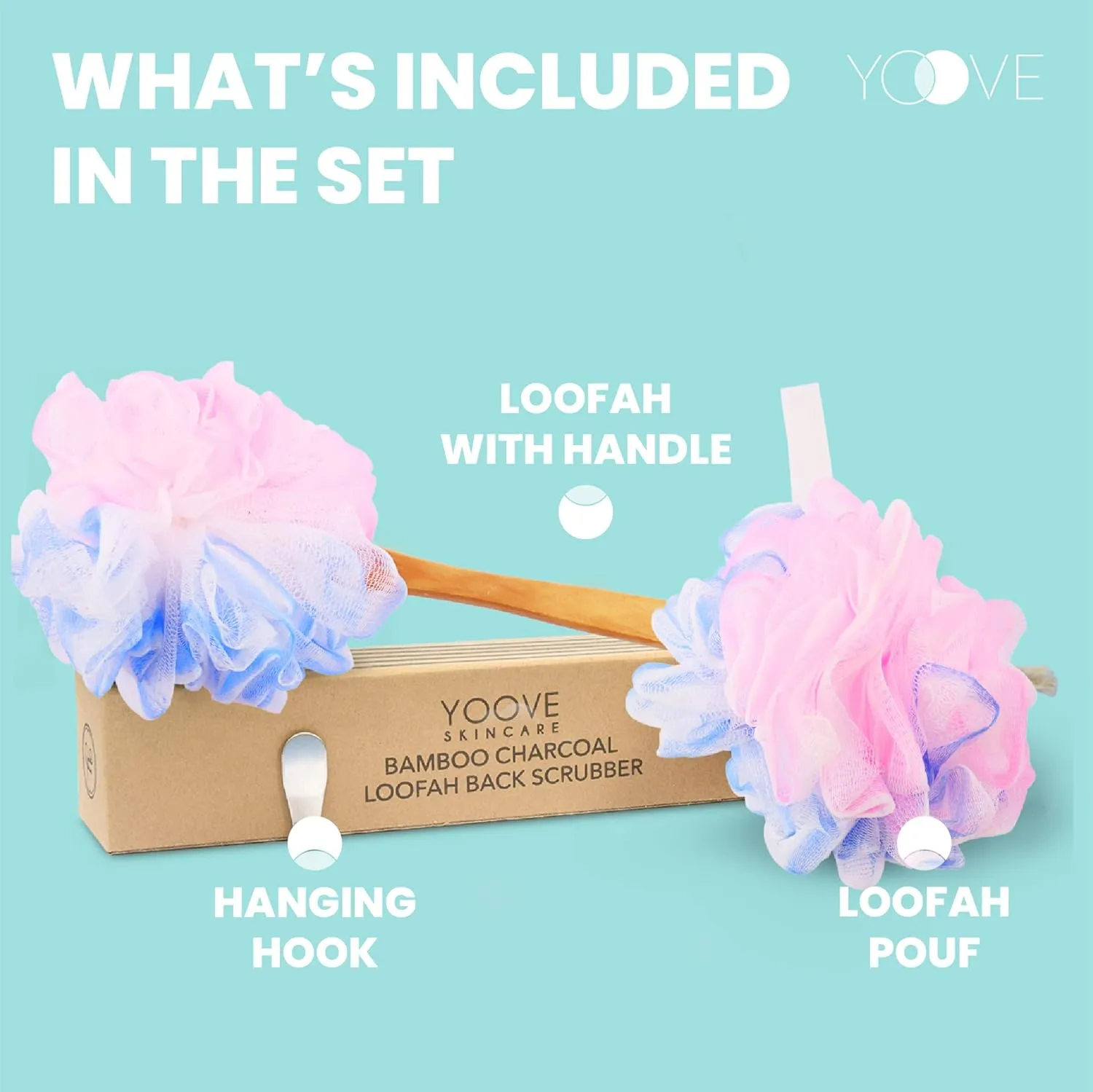 Yoove Loofah Back Scrubber w/Bamboo Charcoal Fiber Infused Bath Sponge, Wooden Handle, Luffa Pouf, Sponge Stick & Hanging Hook for Men & Women, Pink Loofah w/Handle, Loofa, Lufa Body Scrubber Stick