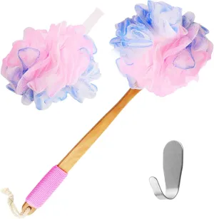 Yoove Loofah Back Scrubber w/Bamboo Charcoal Fiber Infused Bath Sponge, Wooden Handle, Luffa Pouf, Sponge Stick & Hanging Hook for Men & Women, Pink Loofah w/Handle, Loofa, Lufa Body Scrubber Stick