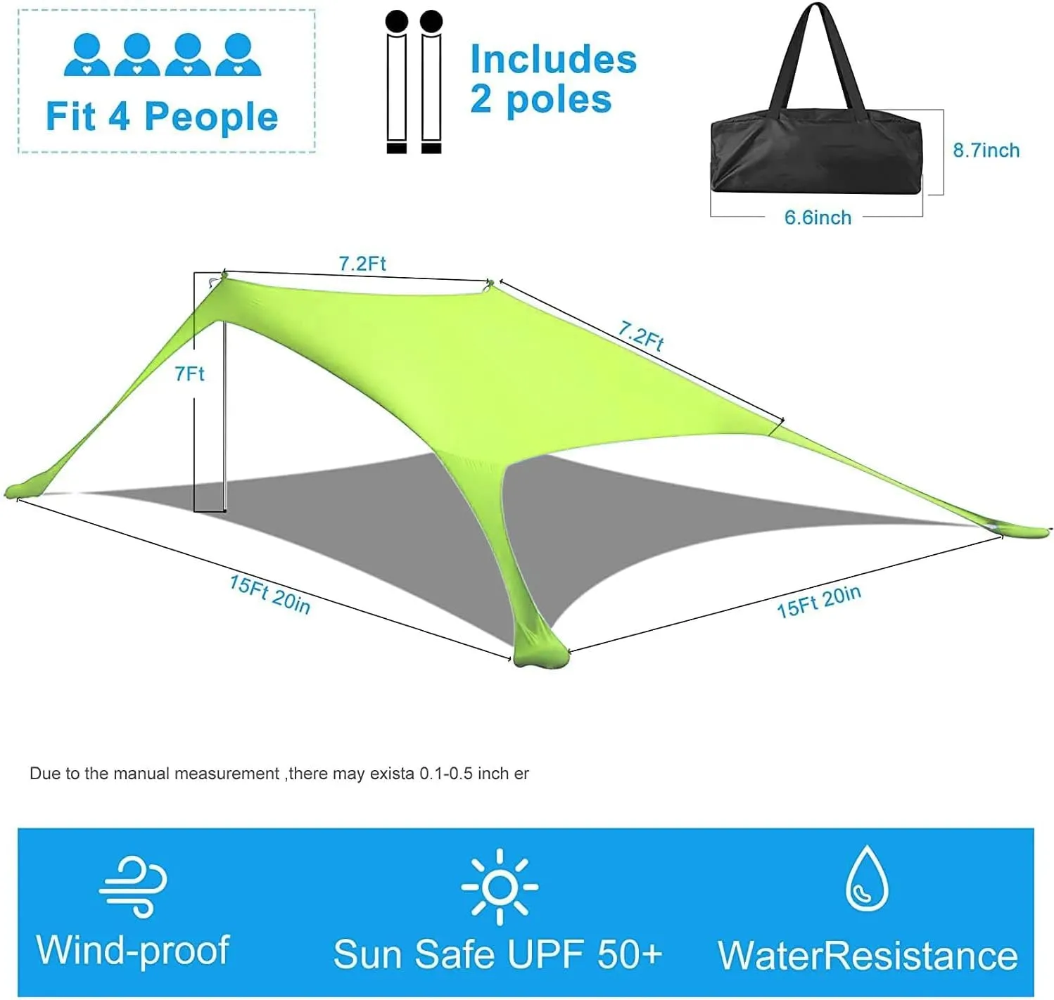 YUEWO Beach Sunshade Tent with UPF 50  UV Protection, Comes with Sandbags, Poles and Ground Spikes and Windproof Ropes, Outdoor Pop-up Tent for Camping, Backyard and Picnic (Green)
