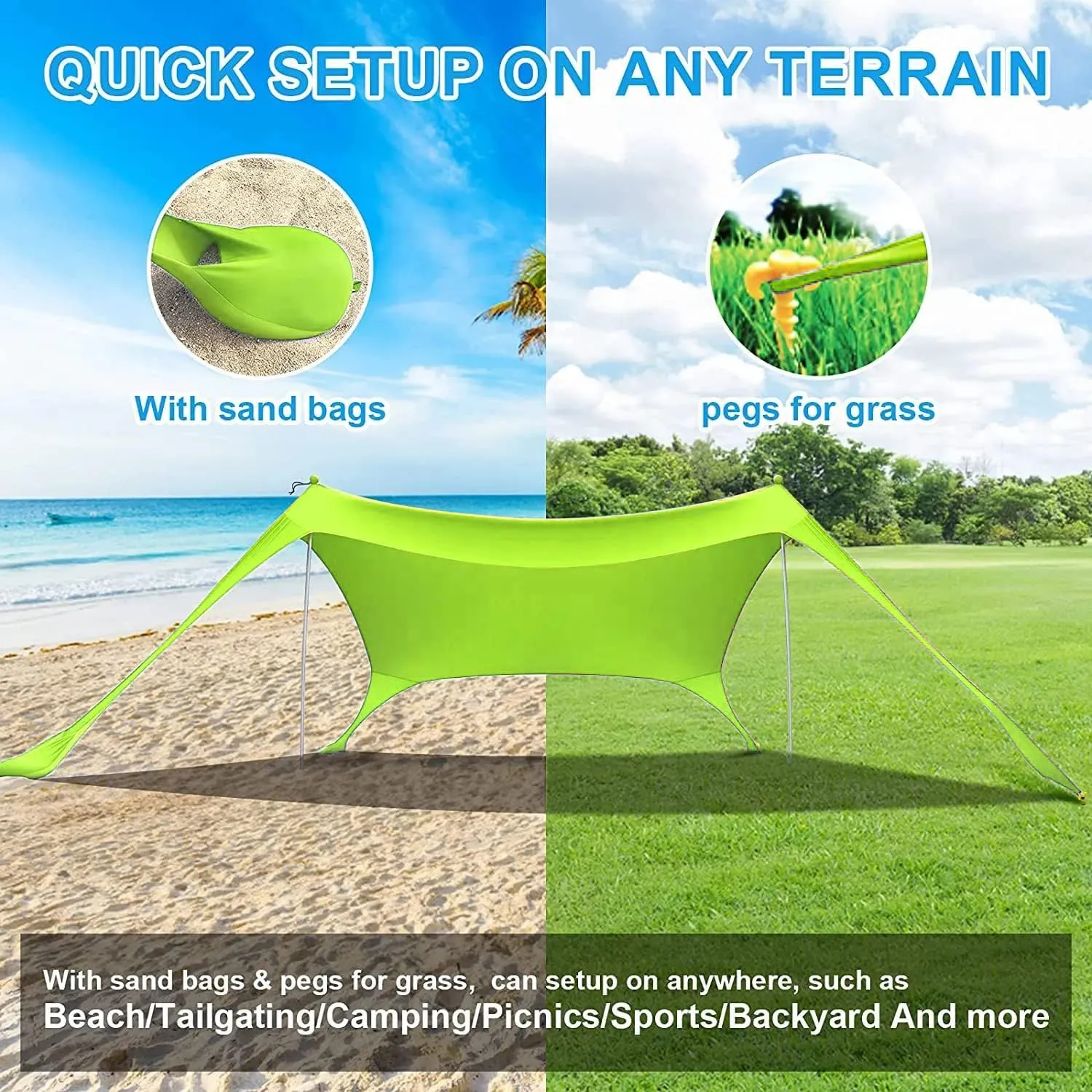 YUEWO Beach Sunshade Tent with UPF 50  UV Protection, Comes with Sandbags, Poles and Ground Spikes and Windproof Ropes, Outdoor Pop-up Tent for Camping, Backyard and Picnic (Green)