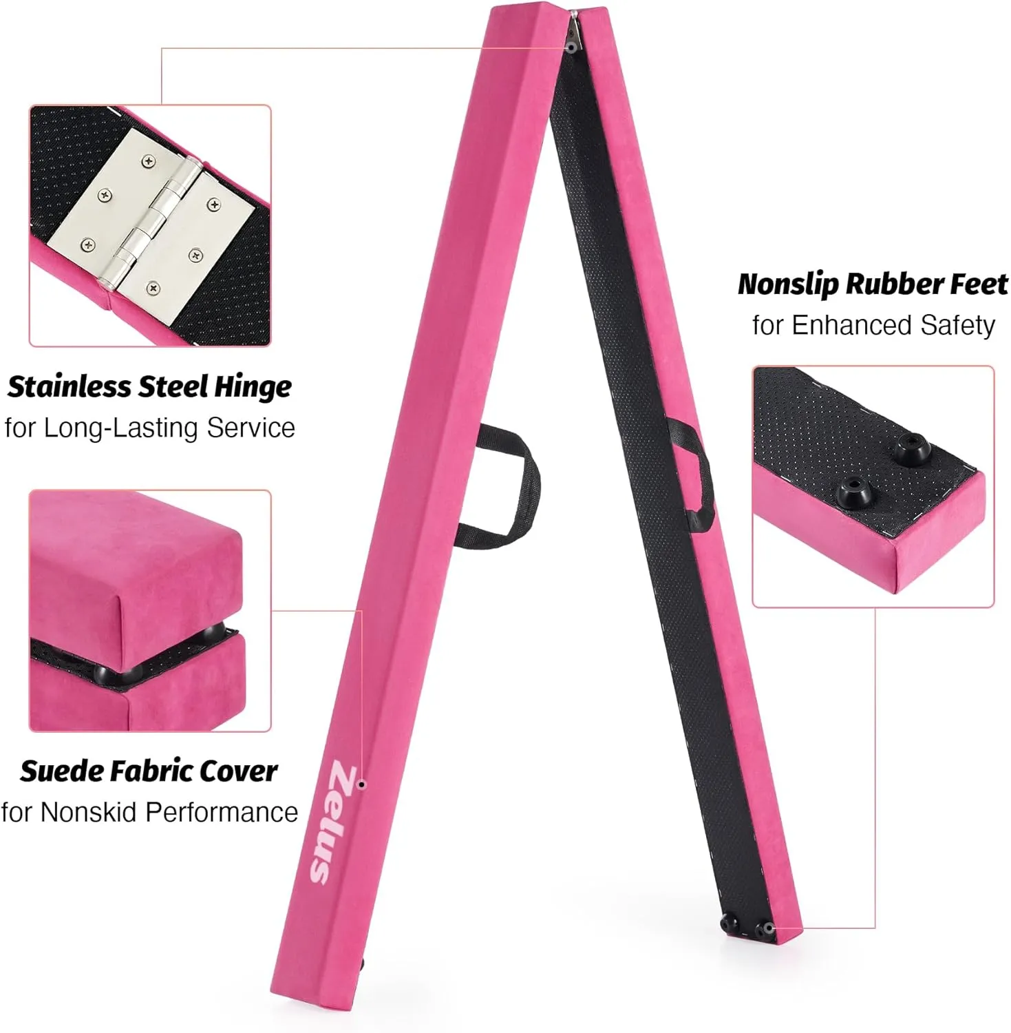 ZELUS 8' Folding Gymnastics Balance Beam, Floor Balance Beam w/Carry Handles Anti-Slip Base for Kids, Beginners & Professional Gymnasts