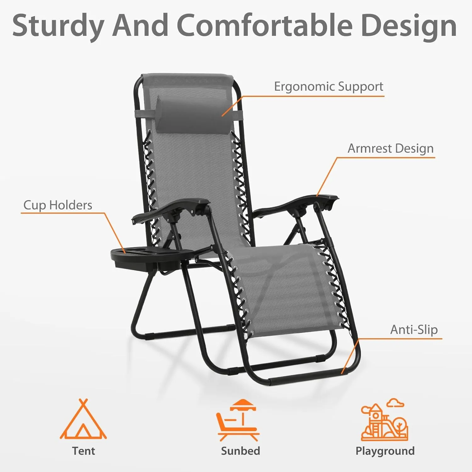 Zero Gravity Chairs, Portable Folding Reclining Lounge Chairs with Adjustable Pillow and Cup Holder Trays for Outdoor, Patio, Beach, Camping, Garden, Poolside, Set of 2 Gray