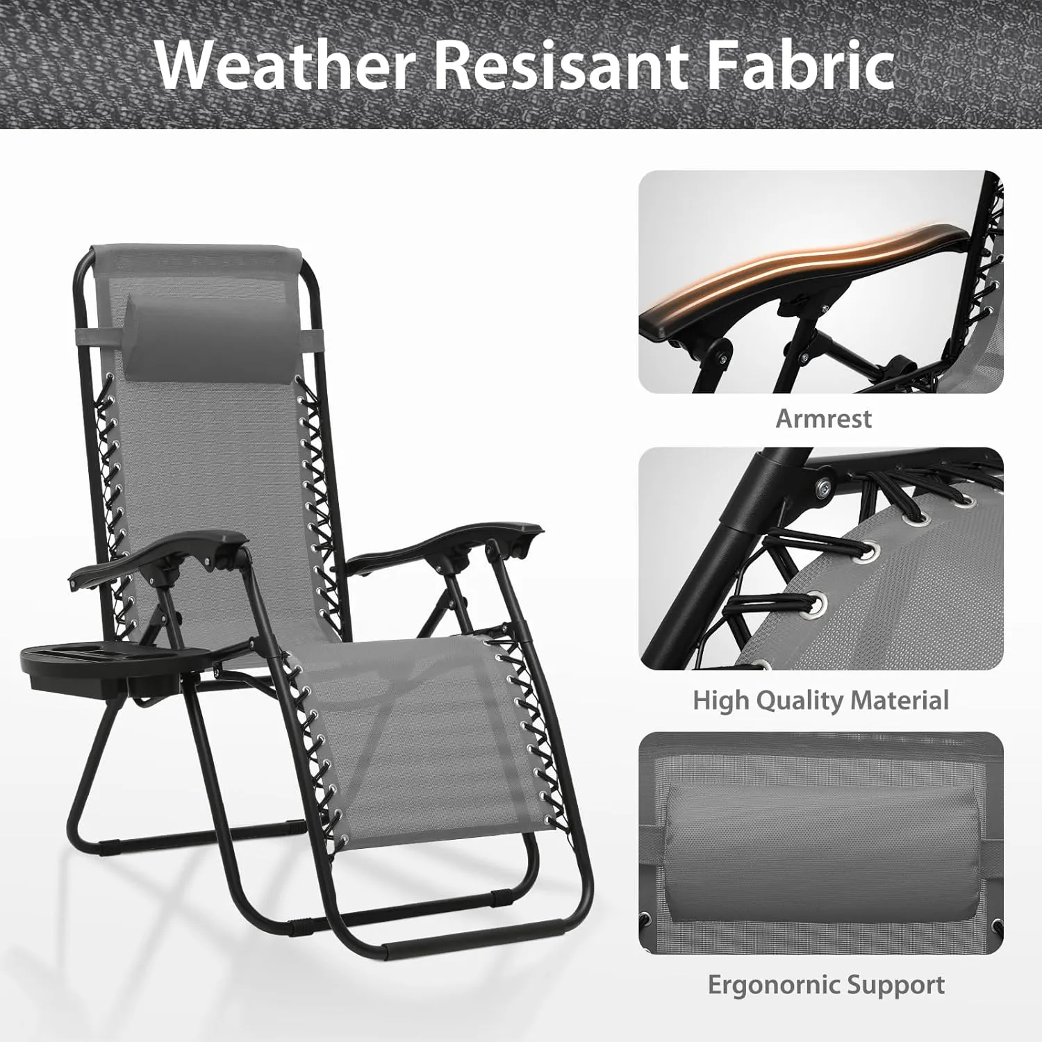 Zero Gravity Chairs, Portable Folding Reclining Lounge Chairs with Adjustable Pillow and Cup Holder Trays for Outdoor, Patio, Beach, Camping, Garden, Poolside, Set of 2 Gray