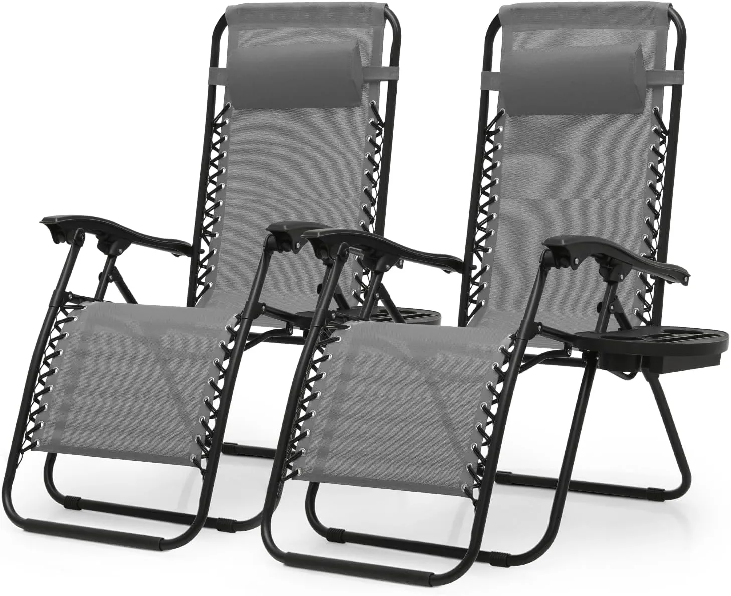 Zero Gravity Chairs, Portable Folding Reclining Lounge Chairs with Adjustable Pillow and Cup Holder Trays for Outdoor, Patio, Beach, Camping, Garden, Poolside, Set of 2 Gray