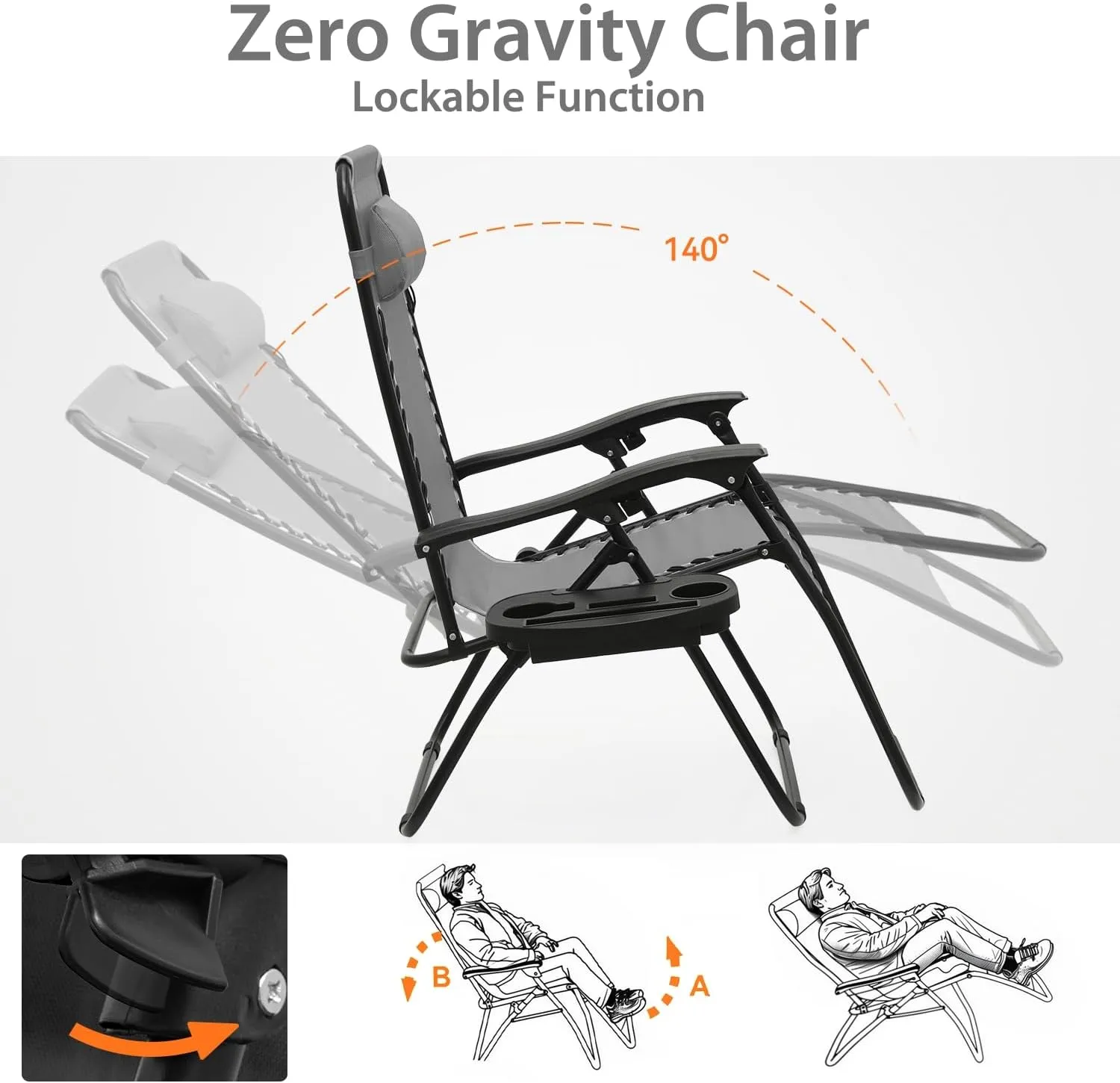 Zero Gravity Chairs, Portable Folding Reclining Lounge Chairs with Adjustable Pillow and Cup Holder Trays for Outdoor, Patio, Beach, Camping, Garden, Poolside, Set of 2 Gray