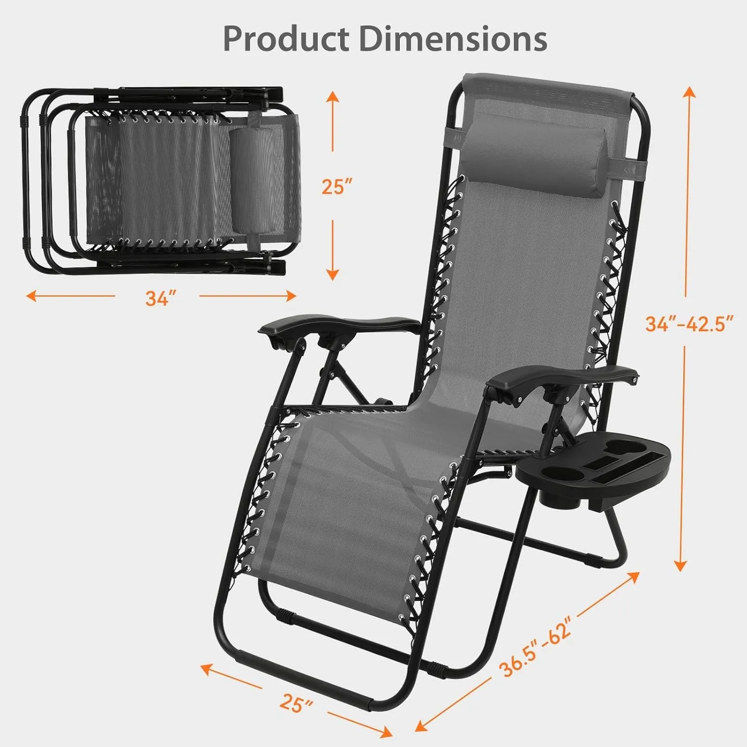 Zero Gravity Chairs, Portable Folding Reclining Lounge Chairs with Adjustable Pillow and Cup Holder Trays for Outdoor, Patio, Beach, Camping, Garden, Poolside, Set of 2 Gray