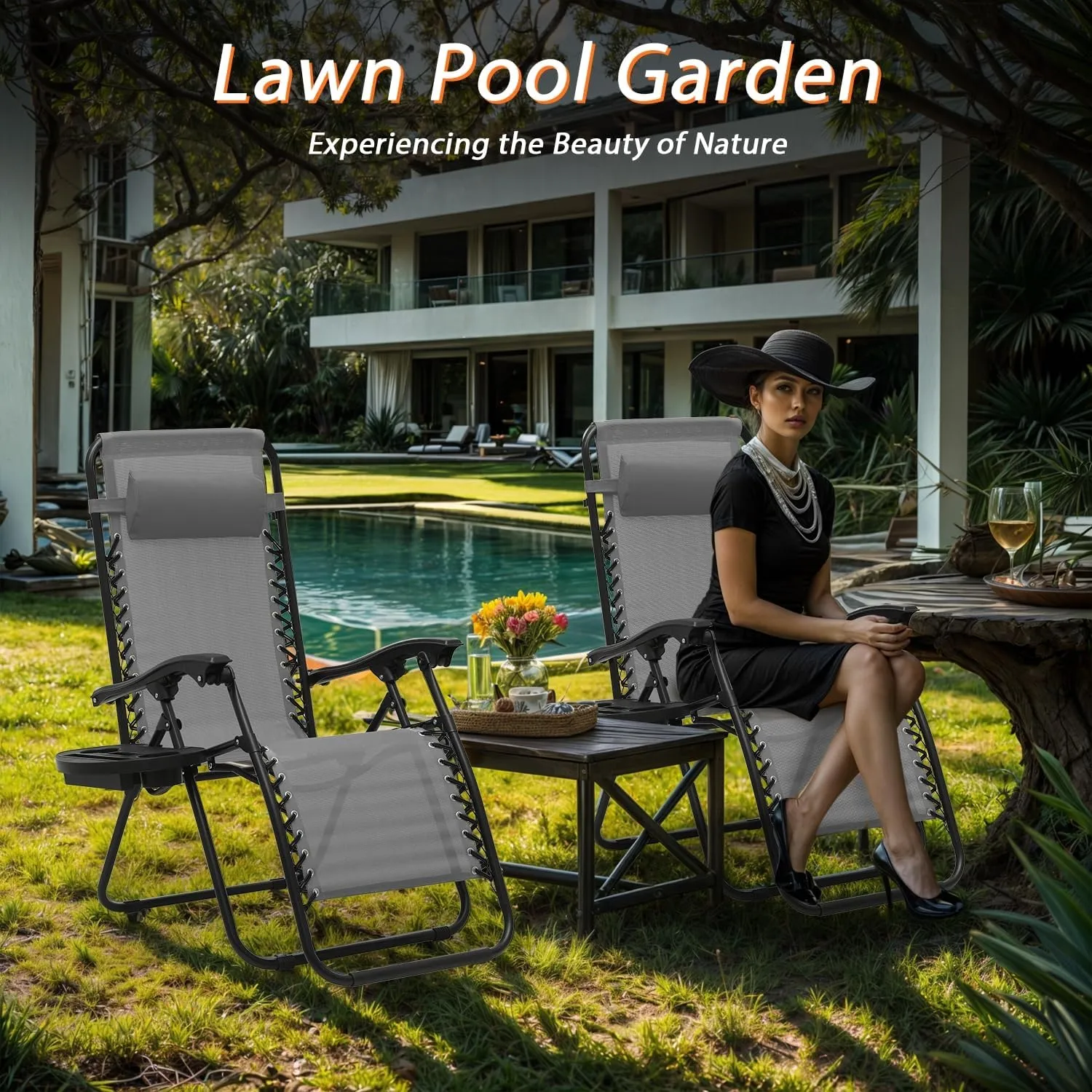 Zero Gravity Chairs, Portable Folding Reclining Lounge Chairs with Adjustable Pillow and Cup Holder Trays for Outdoor, Patio, Beach, Camping, Garden, Poolside, Set of 2 Gray