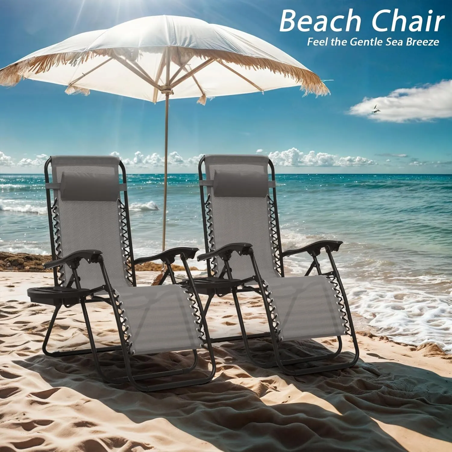 Zero Gravity Chairs, Portable Folding Reclining Lounge Chairs with Adjustable Pillow and Cup Holder Trays for Outdoor, Patio, Beach, Camping, Garden, Poolside, Set of 2 Gray