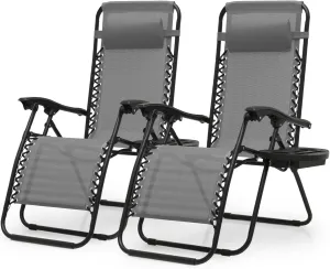 Zero Gravity Chairs, Portable Folding Reclining Lounge Chairs with Adjustable Pillow and Cup Holder Trays for Outdoor, Patio, Beach, Camping, Garden, Poolside, Set of 2 Gray