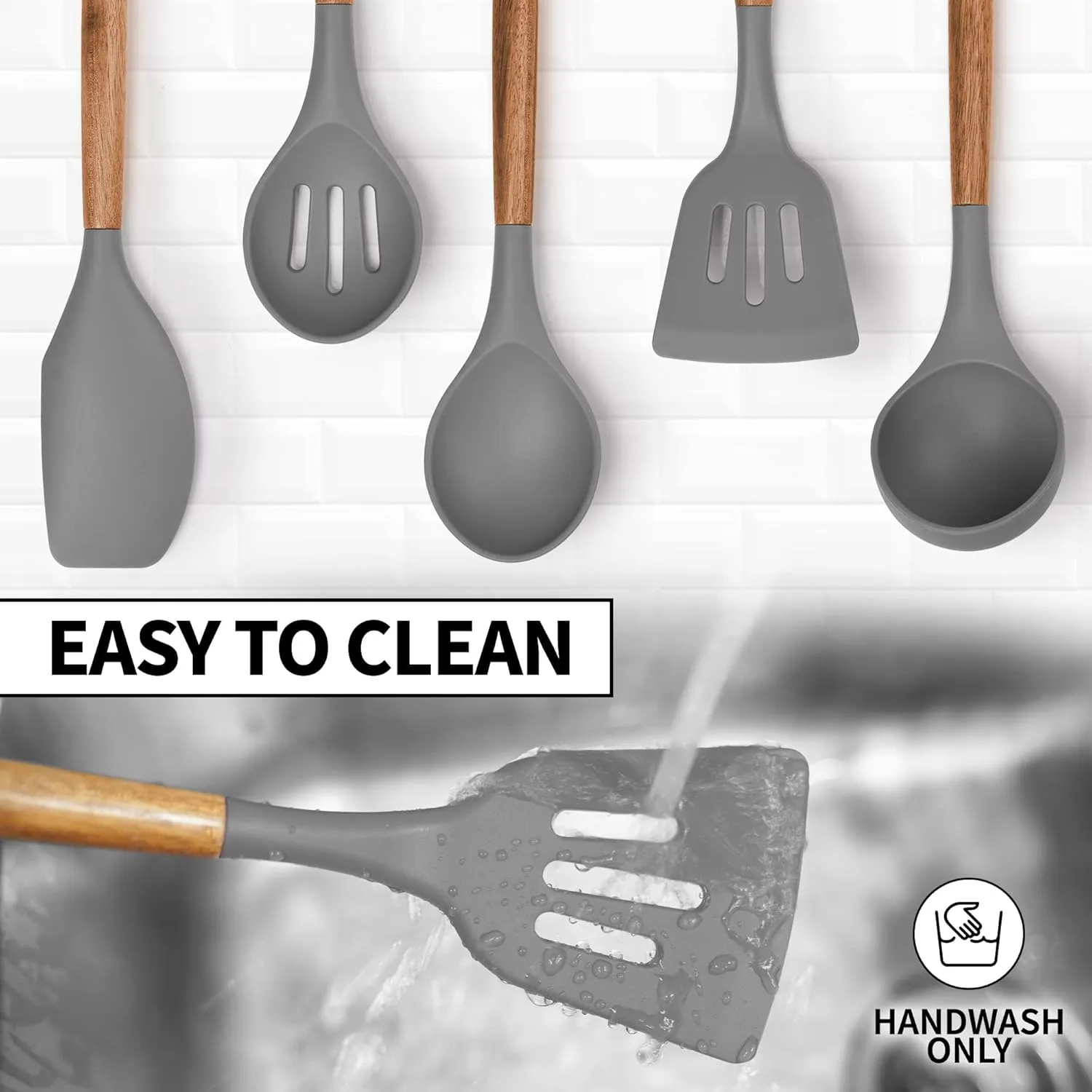 Zulay Kitchen Utensils Set Non-Stick Silicone Cooking Utensils Set with Authentic Acacia Wood Handles - 5 Piece Silicone Utensil Set - Kitchen Utensils Set with 464°F Heat Resistance - Gray
